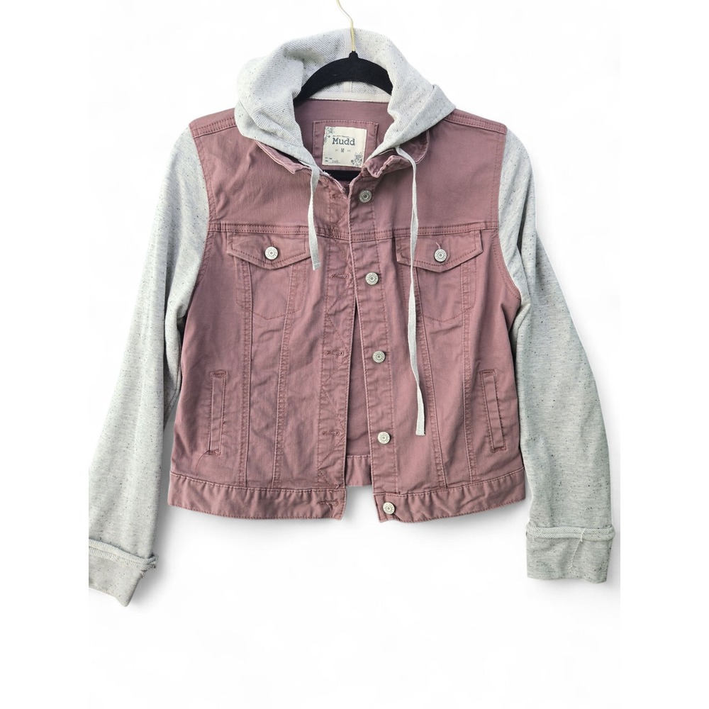 Mudd Womens M Mauve Denim Hooded Jacket Y2K Grunge Mixed Media Heather Gray